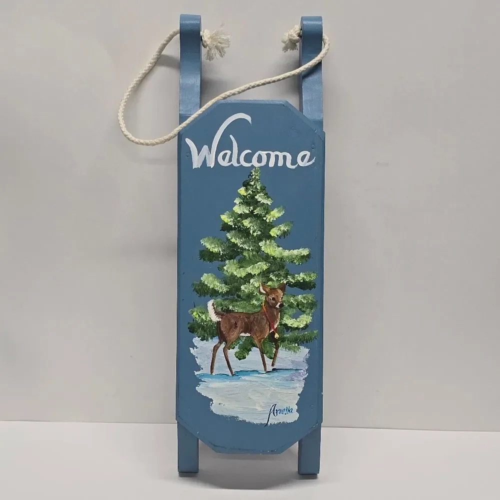 Vintage Hand Painted Wooden Sled Christmas Holiday Wall Decor Sleigh Fawn Deer